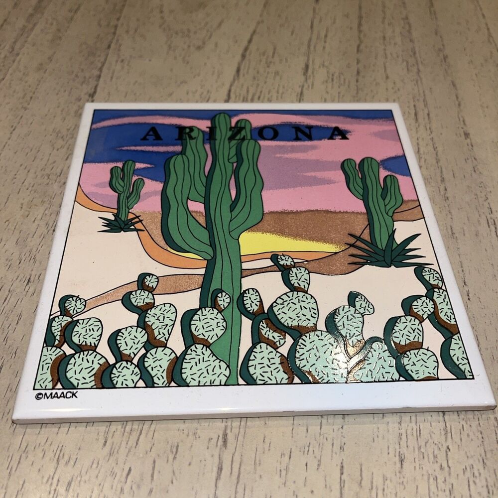 Vtg, Arizona Ceramic Tile Trivet Ceramic Desert Scene with Cactus 6” x 6”